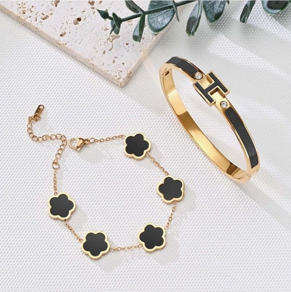 2pcs 18K Gold Plated Stainless Steet H Bangle & Lucky Five Leaf Clover Bracelet
